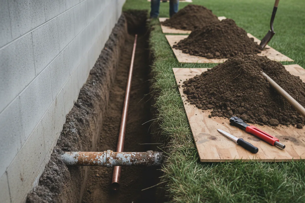 Excavated water line trench during Water Heater Repair in East Rochester